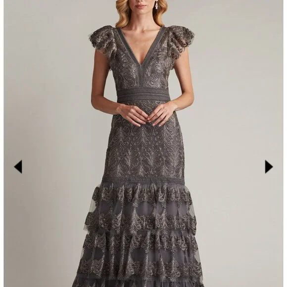Tadashi Shoji Women's Flutter Sleeve Tiered Plunge Neck Gown - Gray - Gowns